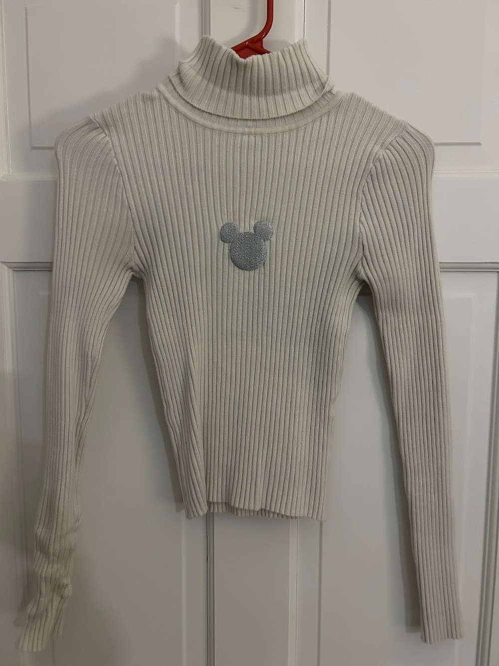 Cream Ribbed Turtleneck Sweater with Silver Mickey Accent